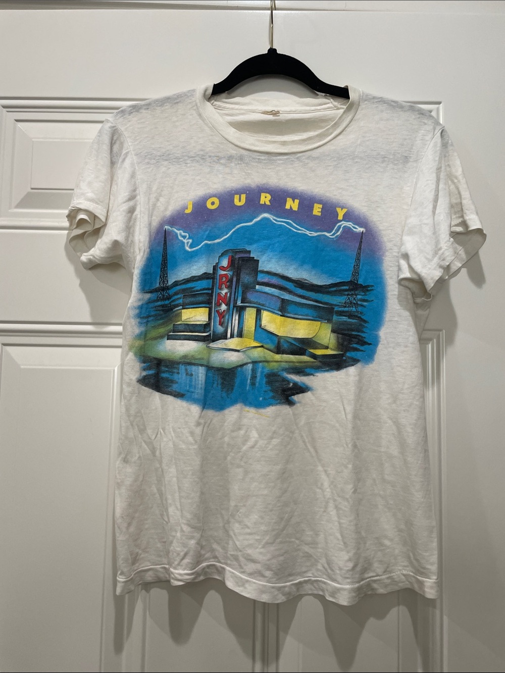 Vintage Journey Graphic Band Tee - White with Blue & Yellow Design